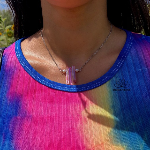 Angel Aura Pink Quartz x Pearls Necklace | Stainless Steel Chain - Picture 15 of 15